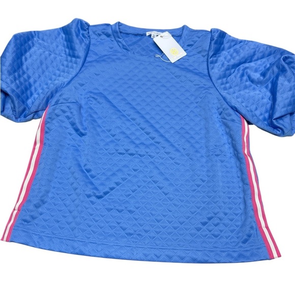 Mary Square Tops - Mary Square Blue Quilted Top with Pink Stripes